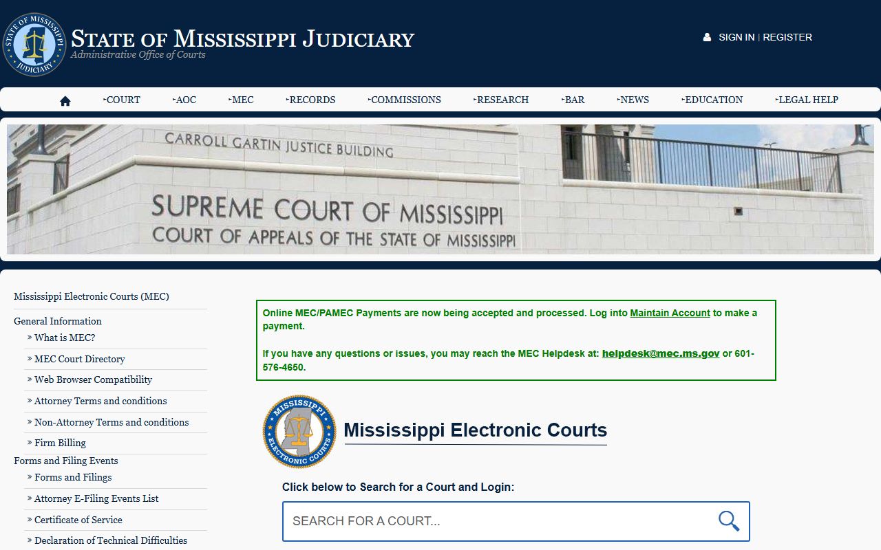Quitman County court records search through the Mississippi Electronic Courts landing page