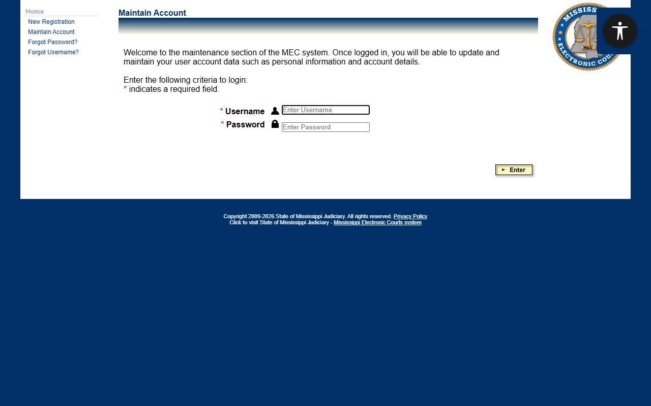 Quitman County court records registration on the PAMEC public access site