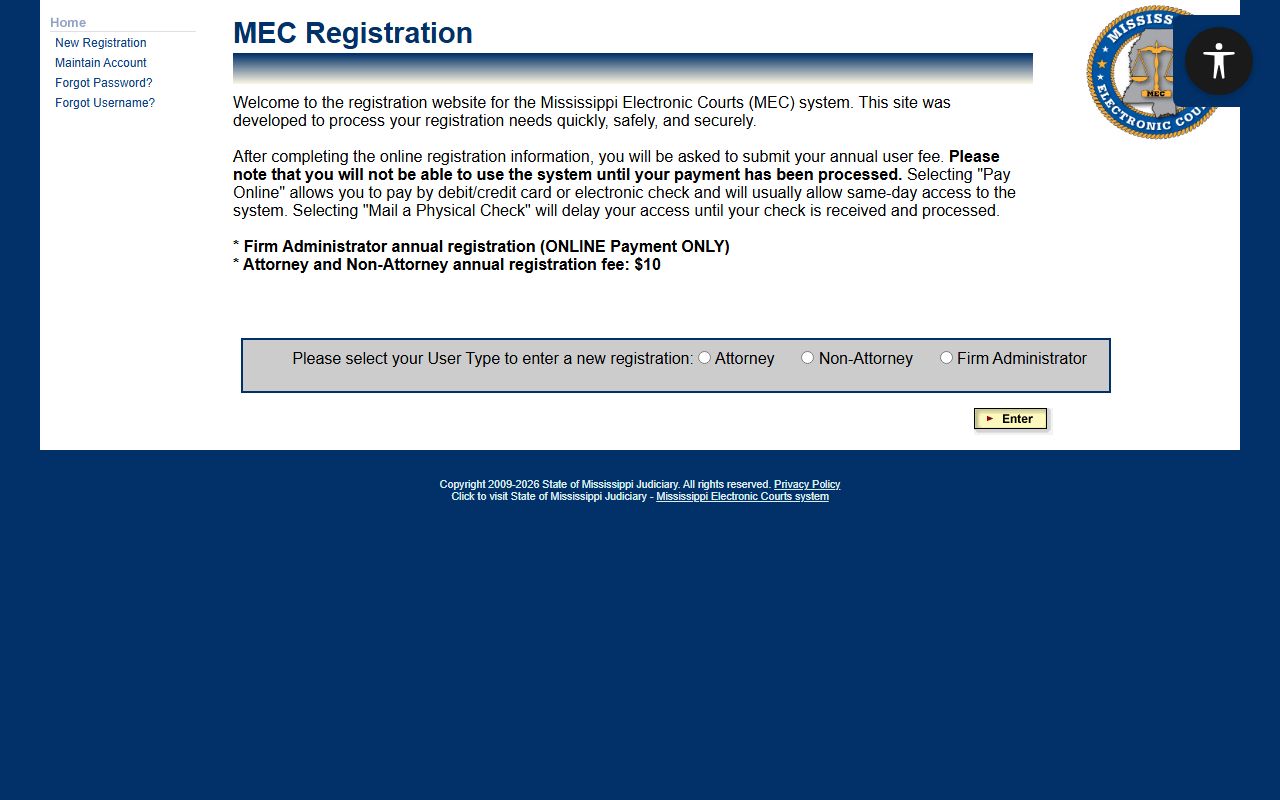 Quitman County court records account setup on the PAMEC registration main page