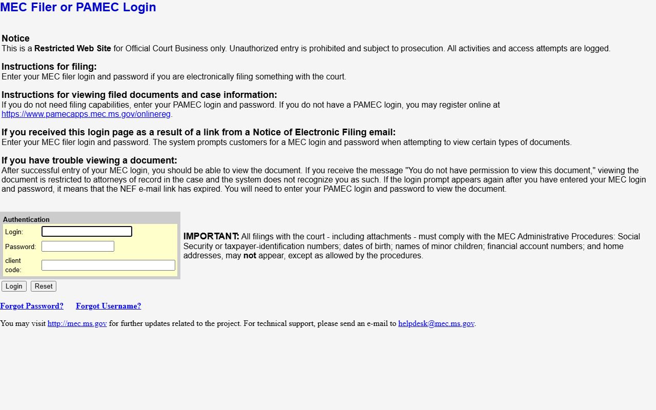 Quitman County court records access shown on the Seventh Circuit MEC login notice