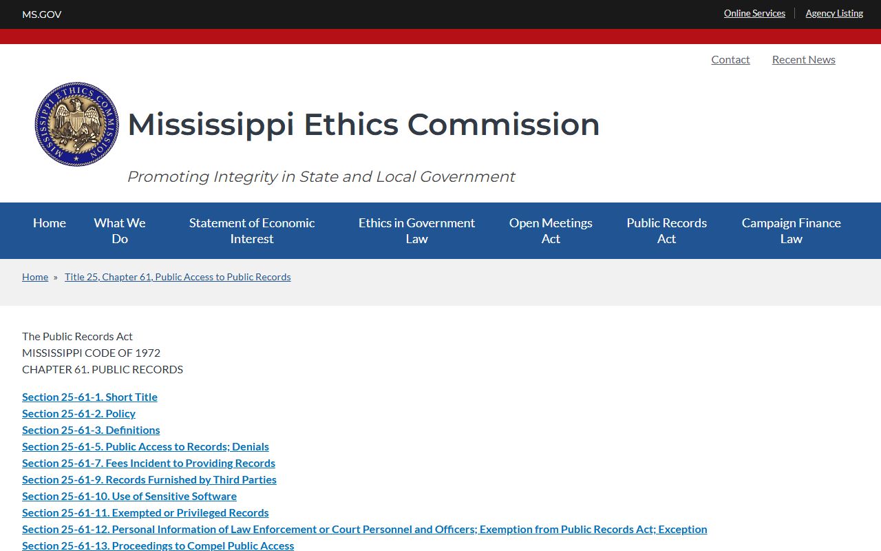 Quitman County criminal court records Mississippi Public Records Act overview