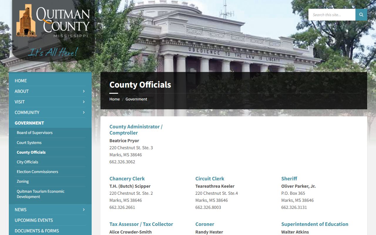Quitman County officials page listing the Circuit Clerk and Chancery Clerk for court records