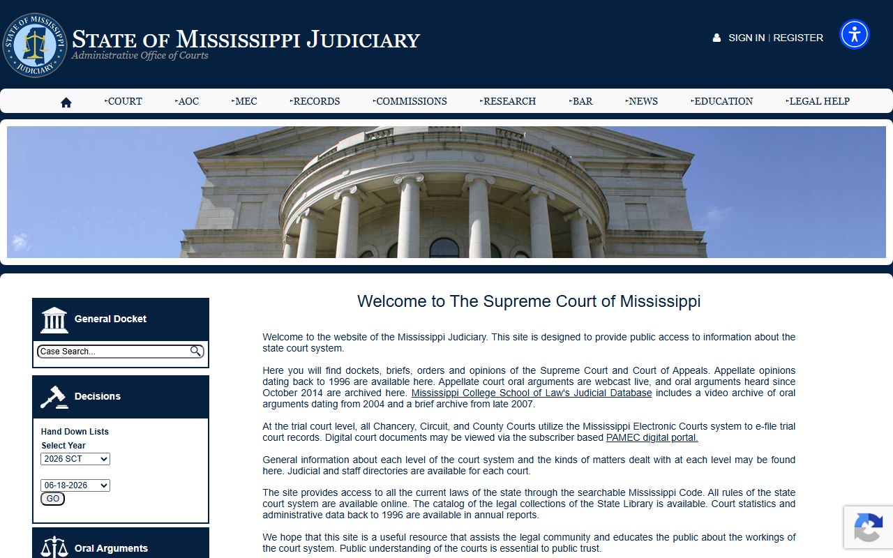 Mississippi Judiciary homepage used for Quitman County court records access