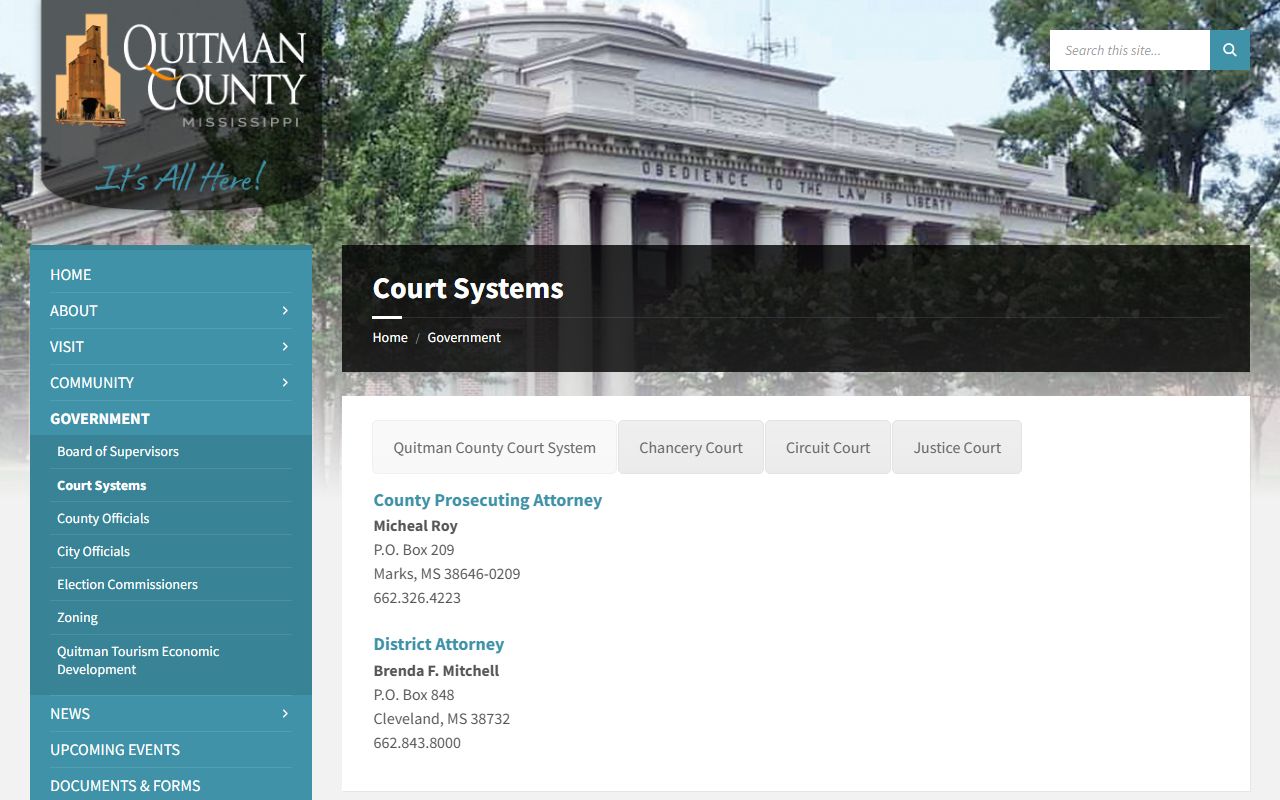 Quitman County court systems contacts page used to search court records