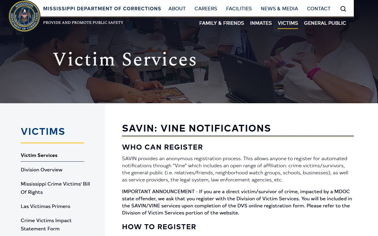Quitman County inmate custody alerts through MDOC SAVIN and VINE