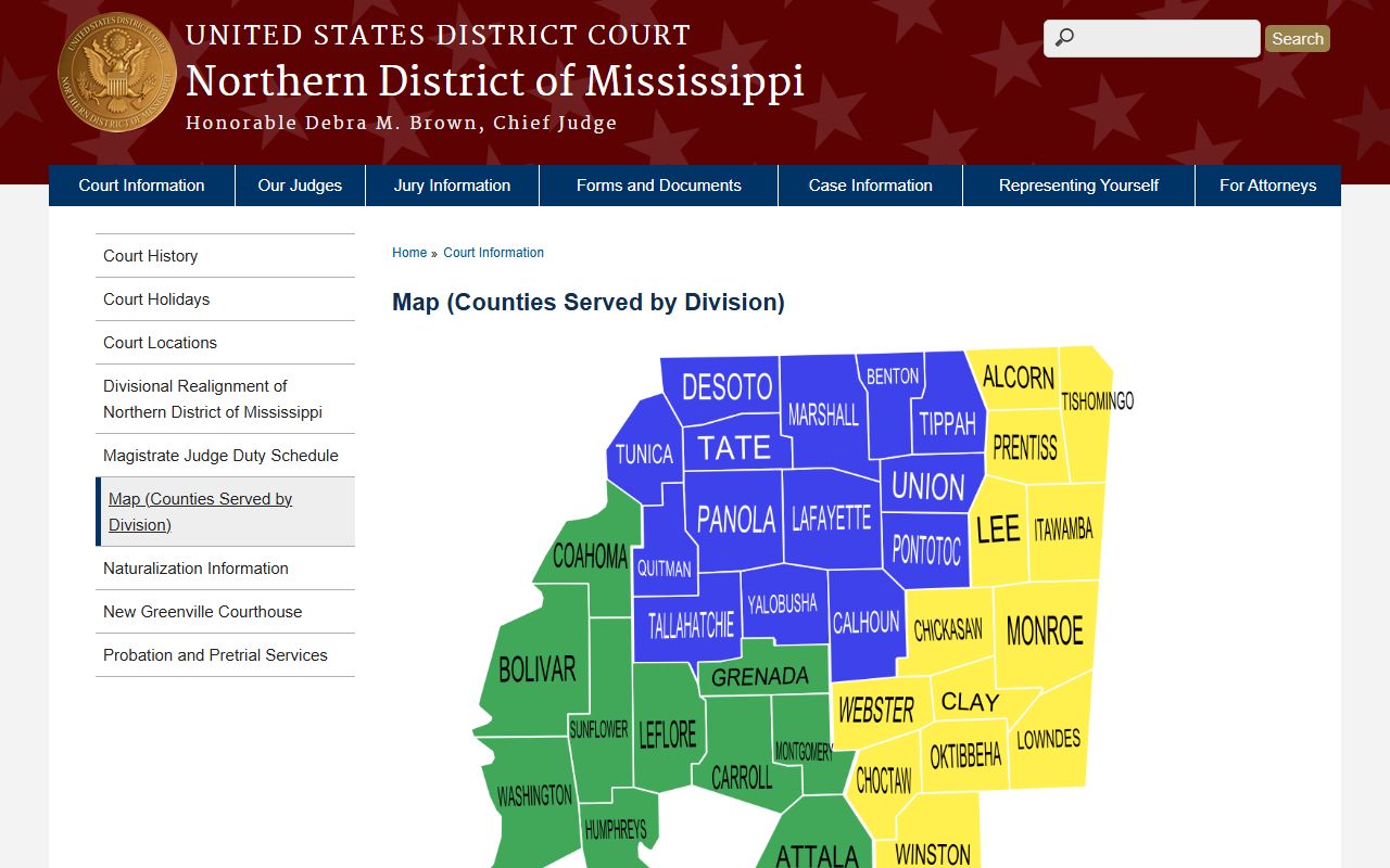 Quitman County probate area shown on the federal Northern District of Mississippi division map