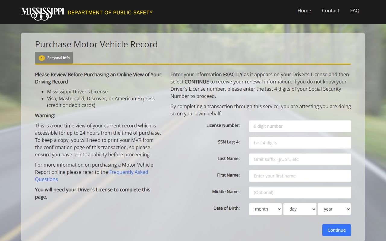 Quitman County traffic driver record purchase on the Mississippi DPS MVR portal