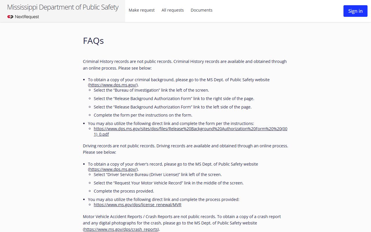 Quitman County traffic record request help on the Mississippi DPS public records FAQ